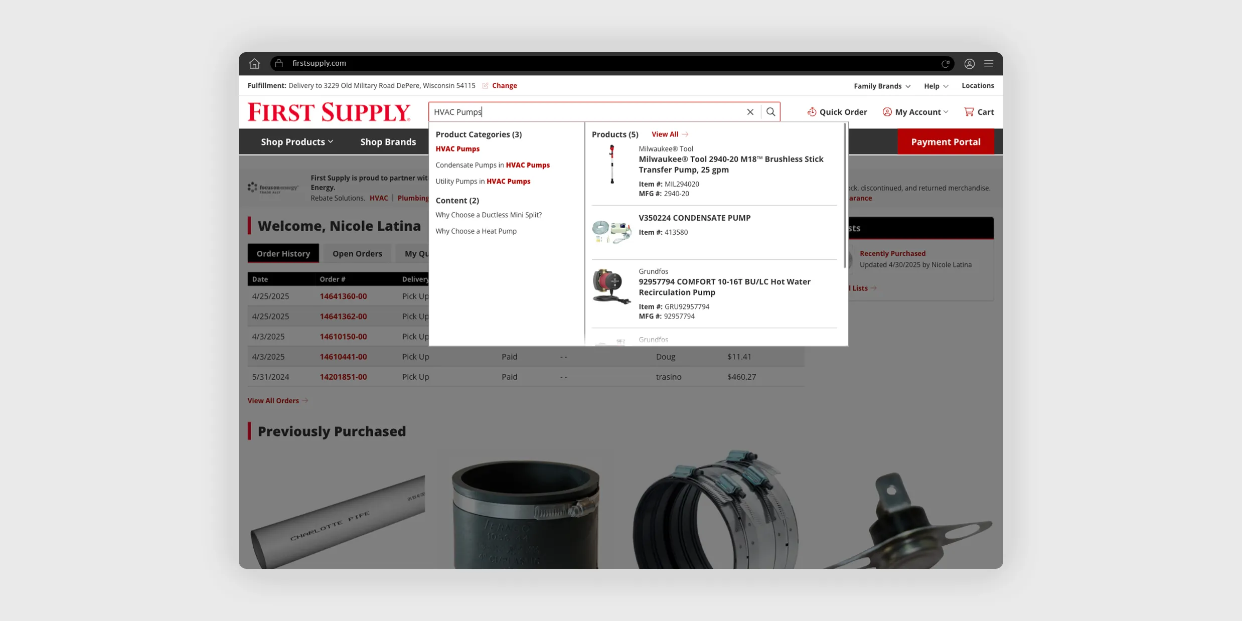 The First Supply B2B ecommerce website's authenticated homepage with the search auto-suggest showing.