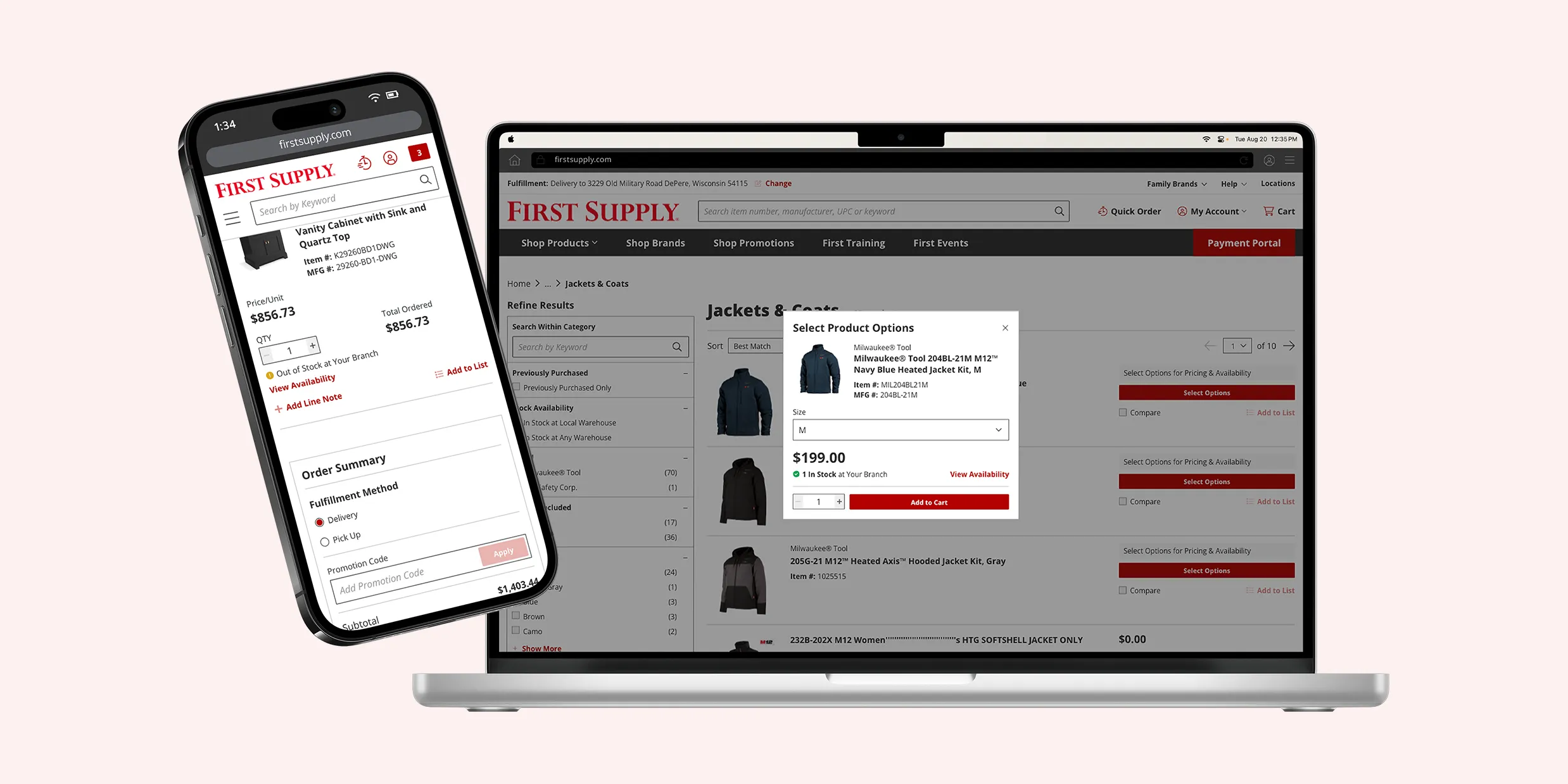 The First Supply B2B ecommerce website's product listing page.