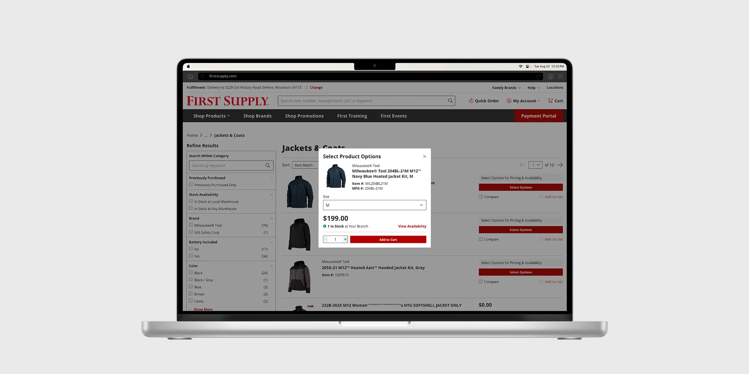 The First Supply B2B ecommerce website's variant selector modal.