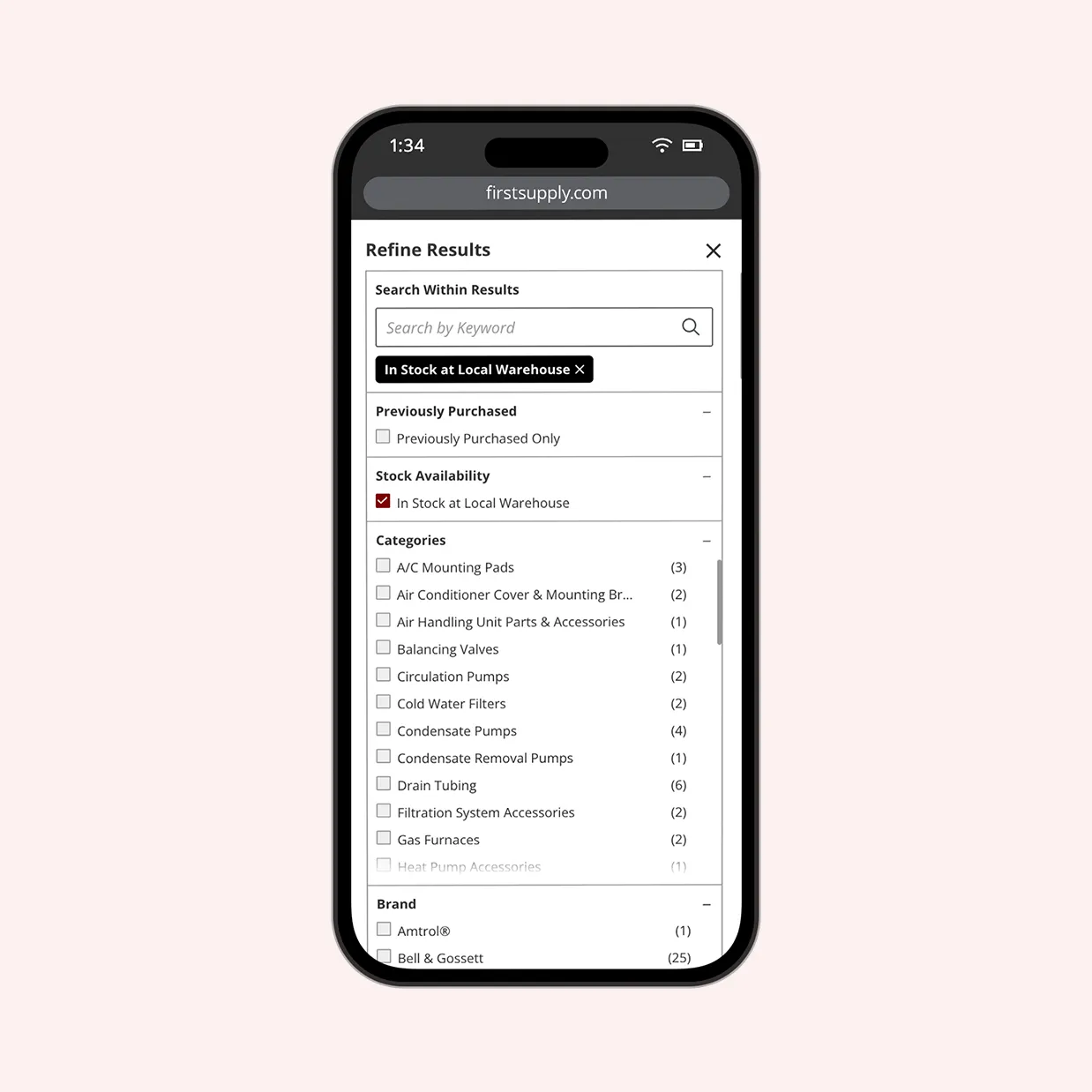 The First Supply B2B ecommerce website's responsive filter function.