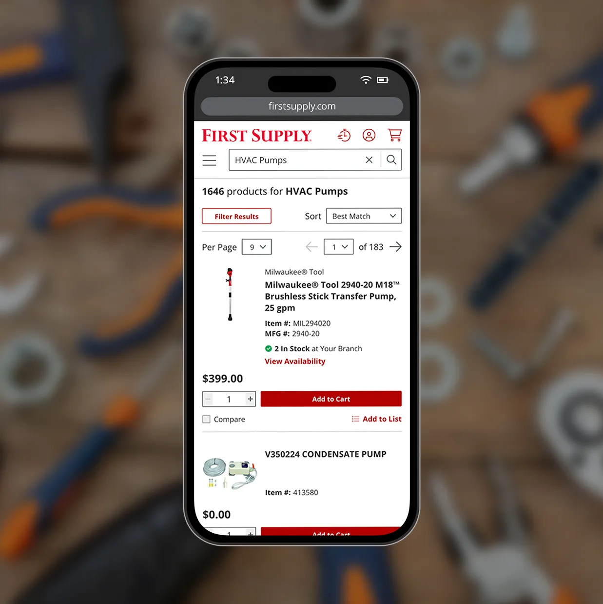 The First Supply B2B ecommerce website's responsive product listing page.